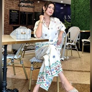 ZARA Ecru Floral Embroidered Shirt & Culotte Trousers Co Ord Set WomenSize XL